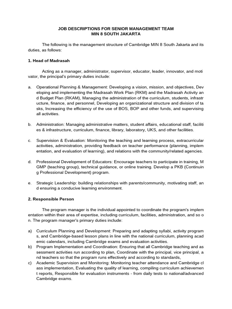 Job Descriptions For Senior Management Team | PDF | Teachers | Curriculum