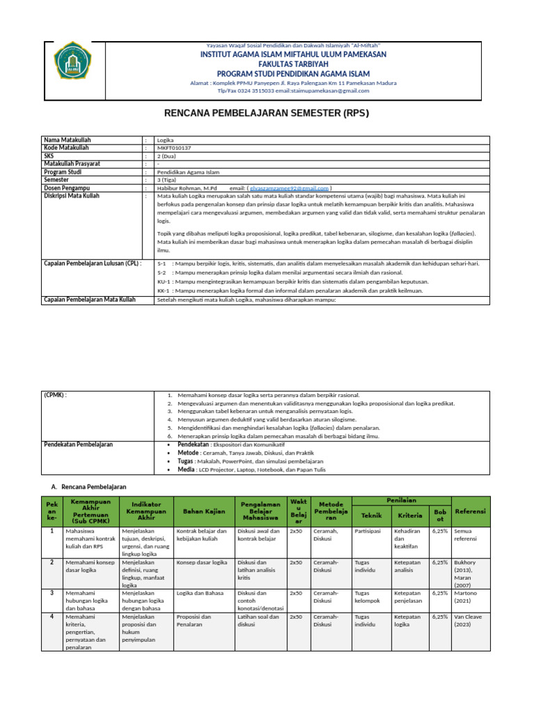 RPS Mata Kuliah Logika Pendidikan Islam | PDF