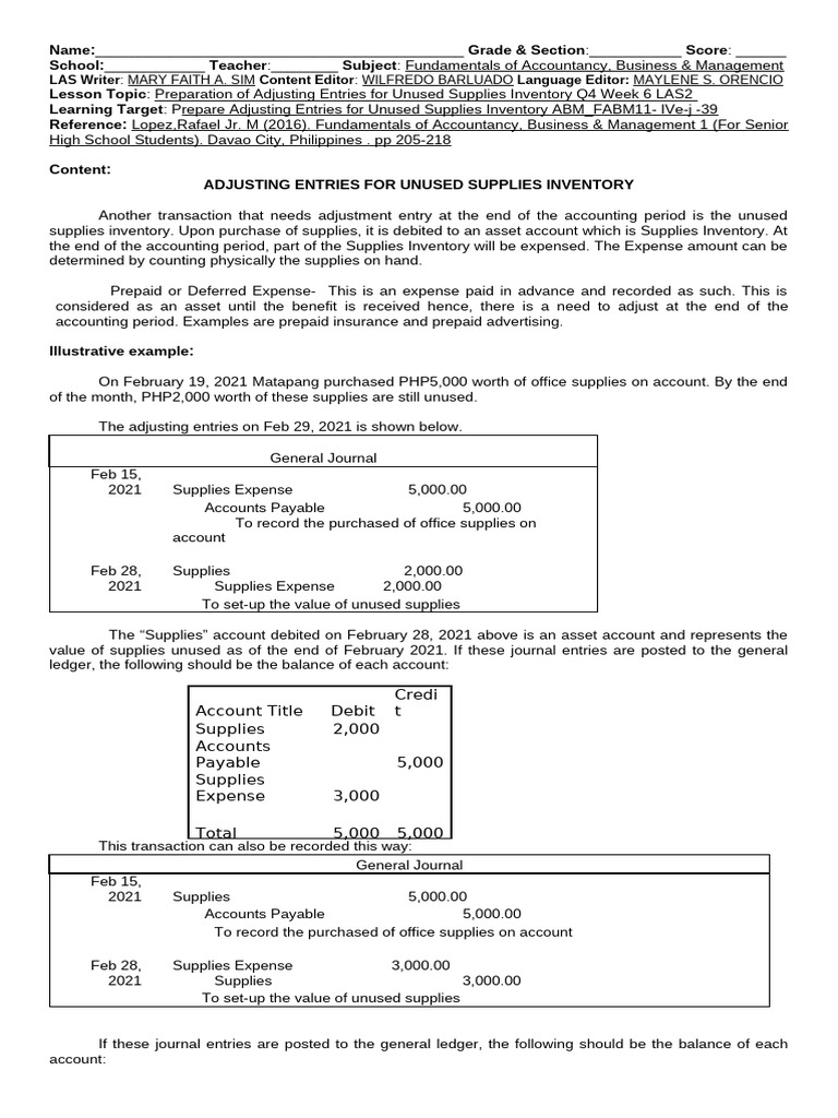 Adjusting Entries for Supplies Inventory | PDF | Debits And Credits ...