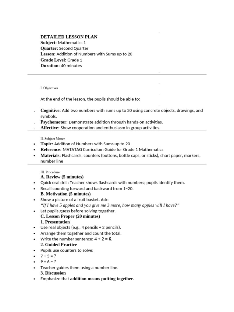 Grade 1 Addition Lesson Plan | PDF | Lesson Plan | Teachers