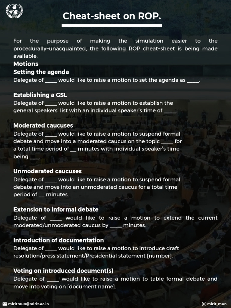 ROP Cheat-Sheet for MUN Procedures | PDF | Meetings | Parliamentary ...