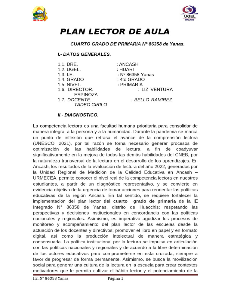 Plan Lector para 4to Grado en Yanas | PDF | Comprensión lectora ...