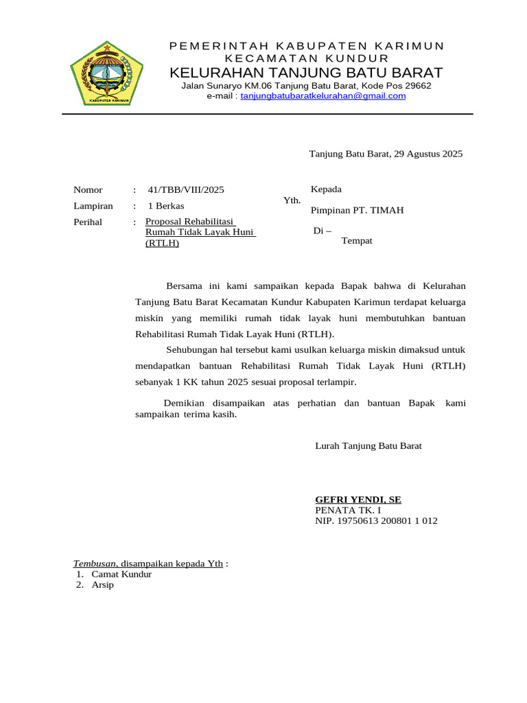 Proposal RTLH Tanjung Batu Barat 2025 | PDF