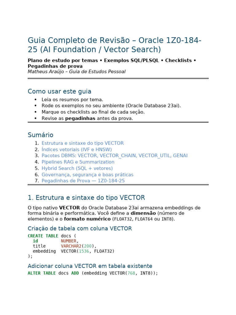 Guia de Estudo para Oracle 1Z0-184-25 | PDF | SQL | PL/SQL