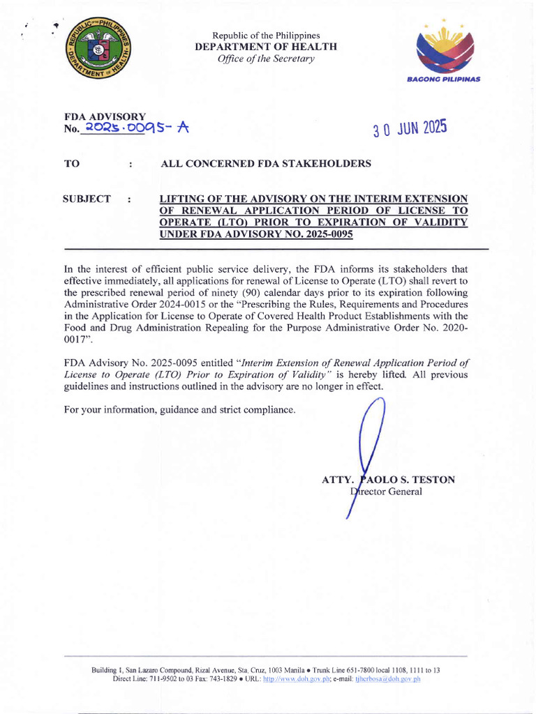 FDA Advisory No.2025 0095 A LTO Renewal | PDF