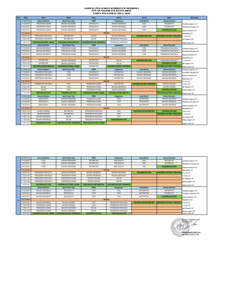 Jadwal Pelajaran Kurikulum Merdeka | PDF