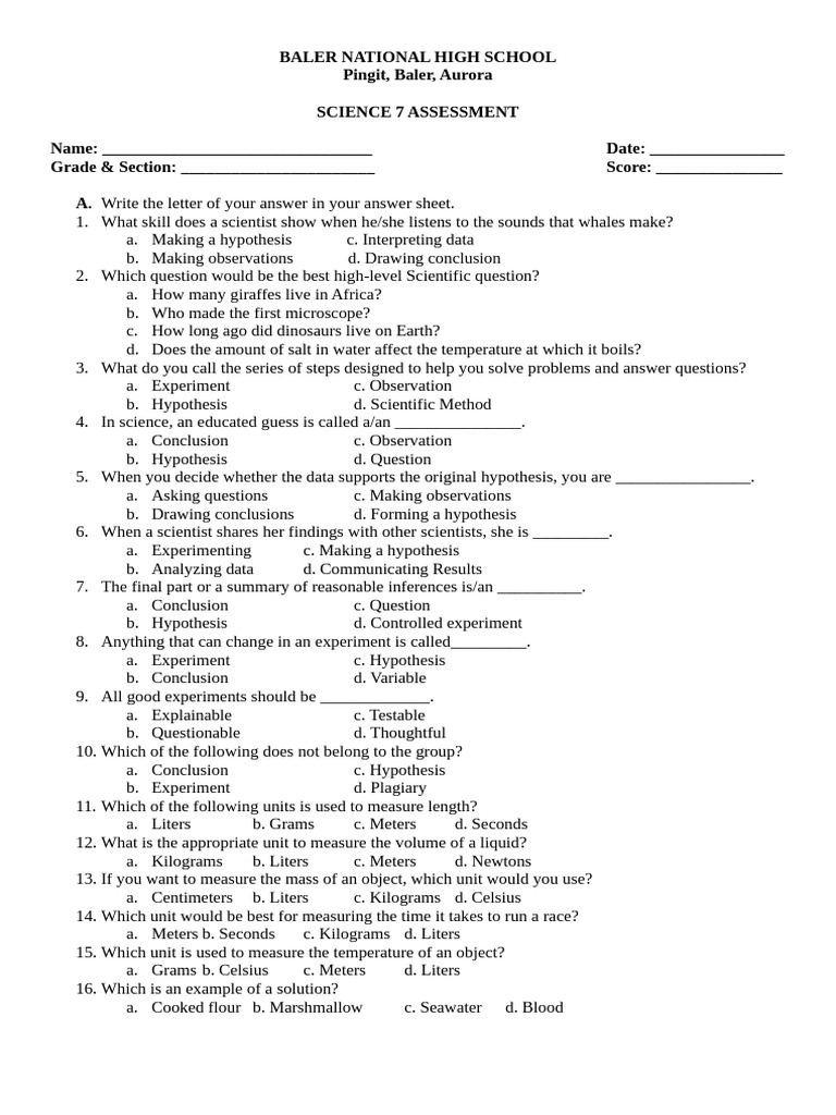 Science 7 Assessment for Students | PDF | Mixture | Solubility