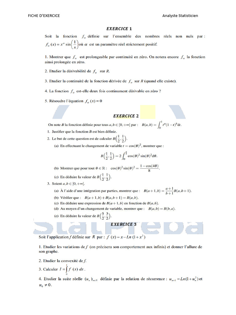 Fiches d'exercices Analyste Statisticien | PDF