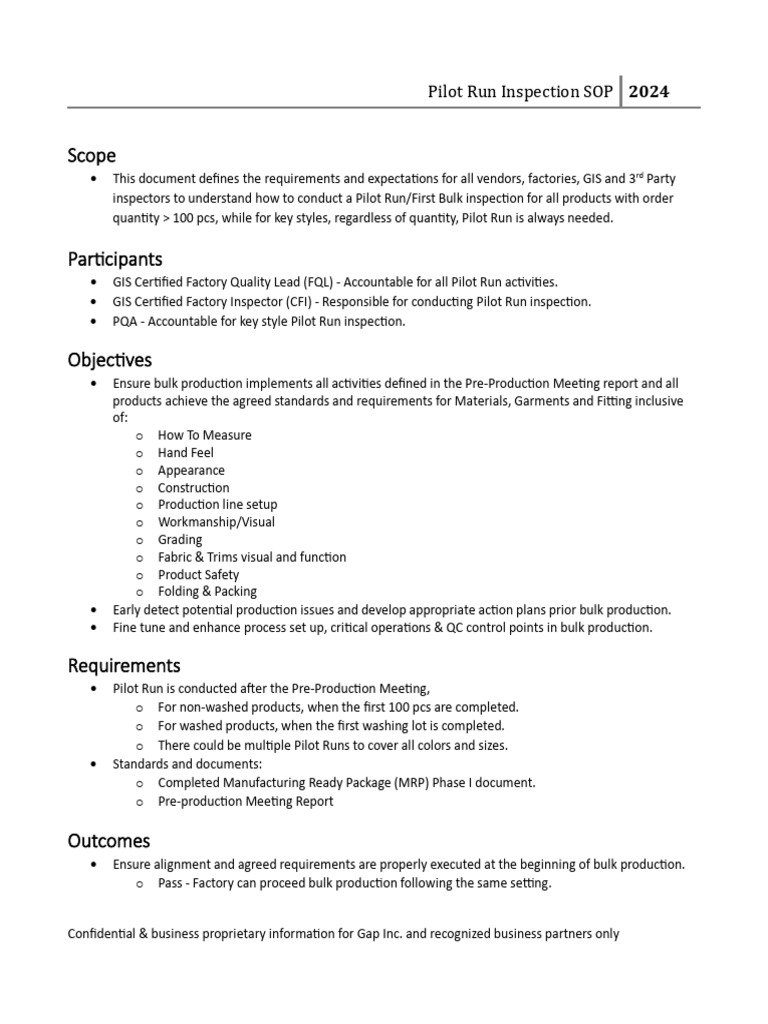 Pilot Run Inspection SOP 2024 Guide | PDF
