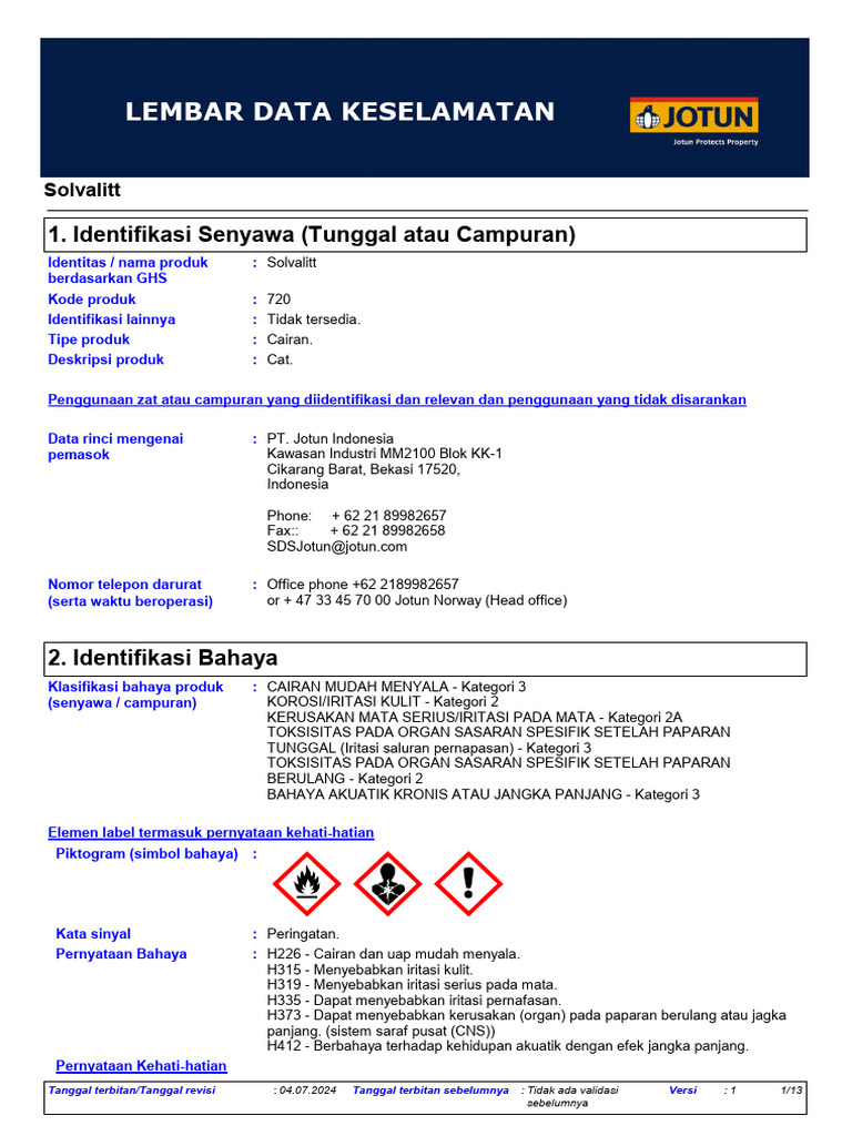 Lembar Data Keselamatan Solvalitt 720 | PDF