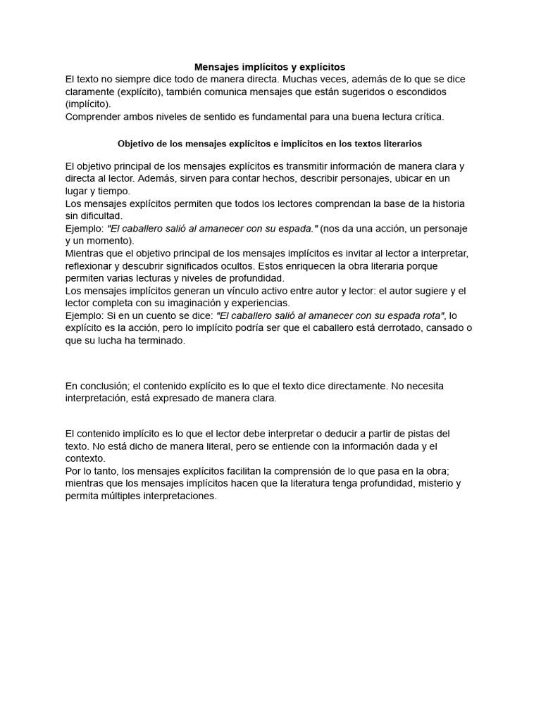 Mensajes Explícitos e Implícitos en Literatura | PDF