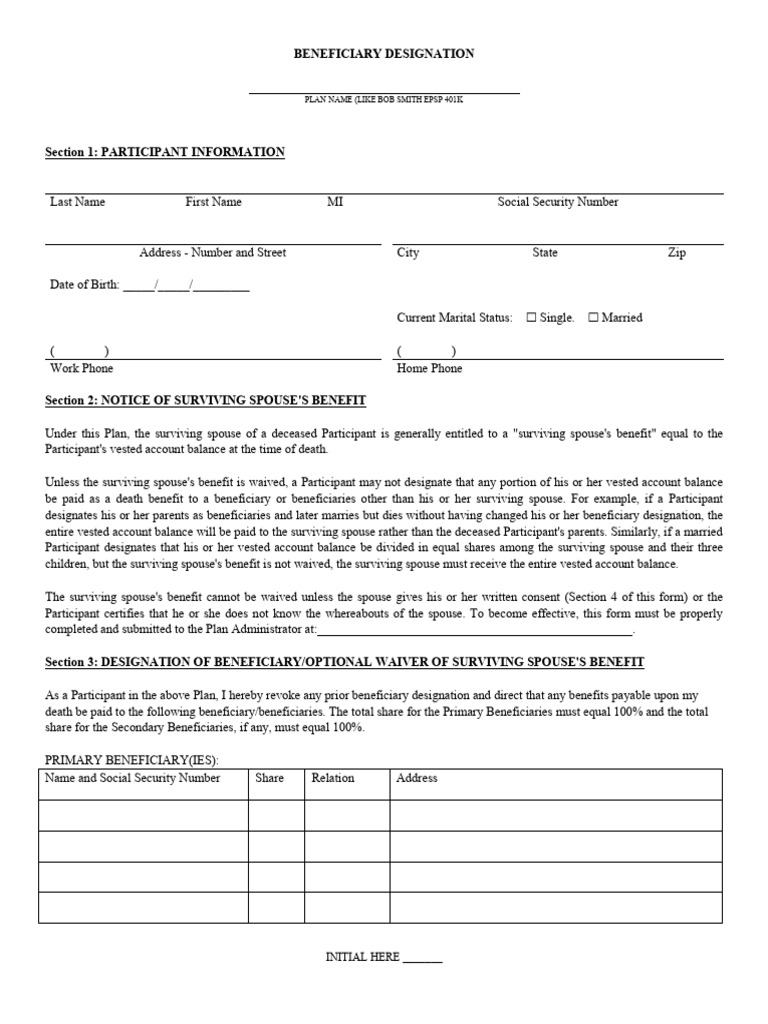Beneficiary Designation Form Template | PDF | Social Security (United ...