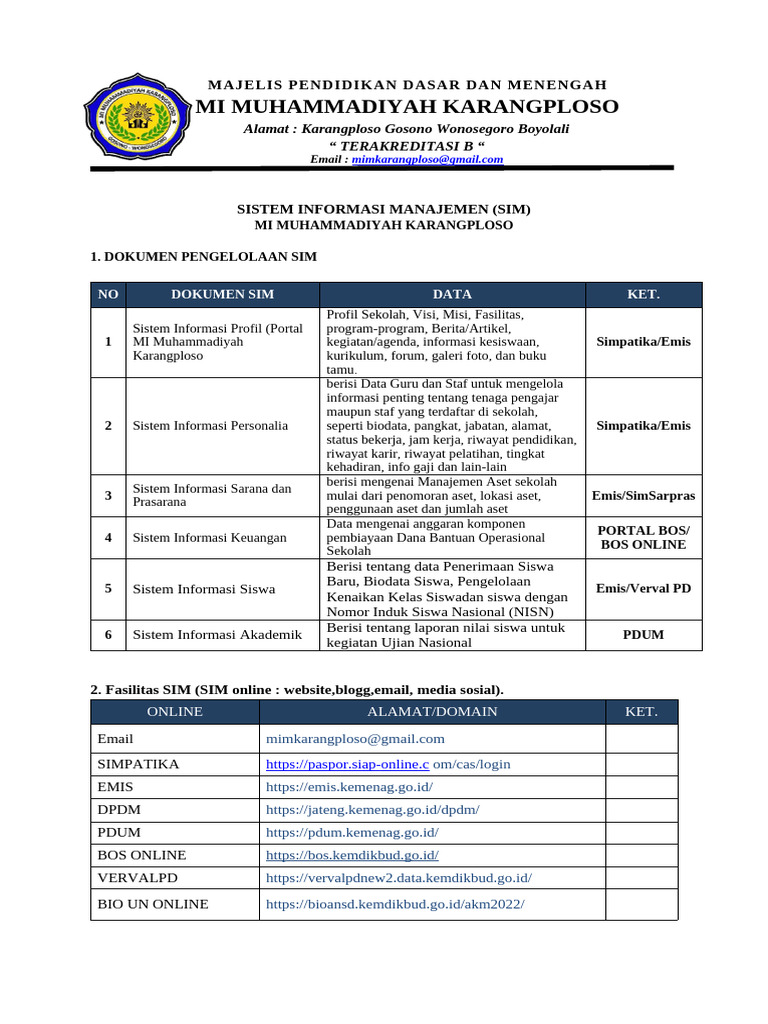 Contoh Dokumen Pengelolaan Sistem Informasi Manajemen (SIM) Sekolah ...