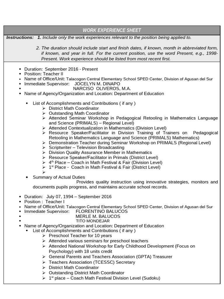 Work Experience for Teacher Position | PDF | Learning