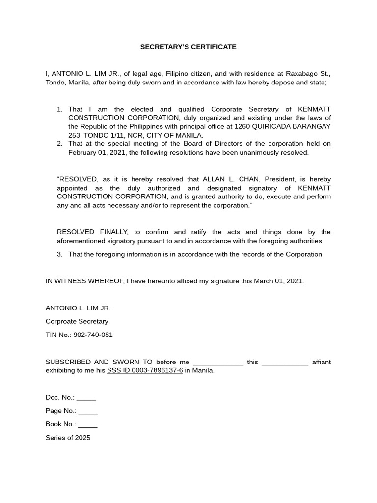 Secretary Cert | PDF