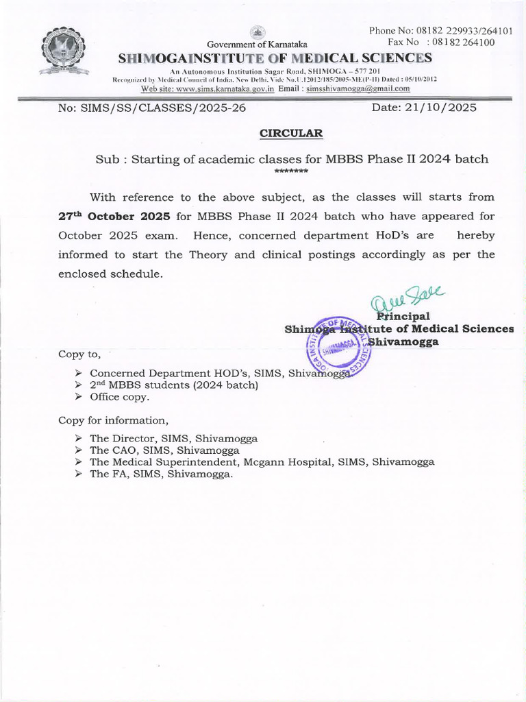 Circular & Theory & Clinical Posting For MBBS Phase II 2024 Batch | PDF