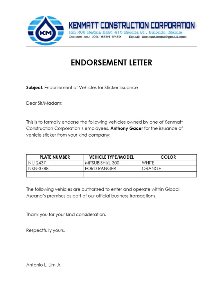 Vehicle Endorsement for Sticker Issuance | PDF
