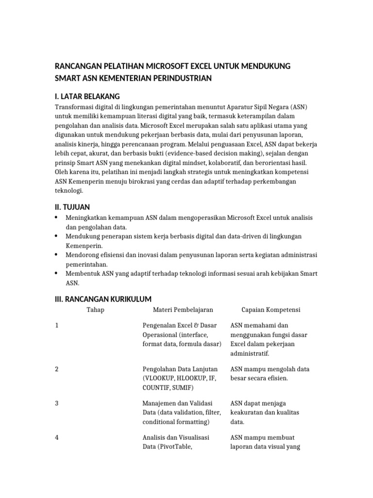 Pelatihan Excel untuk Smart ASN Kemenperin | PDF