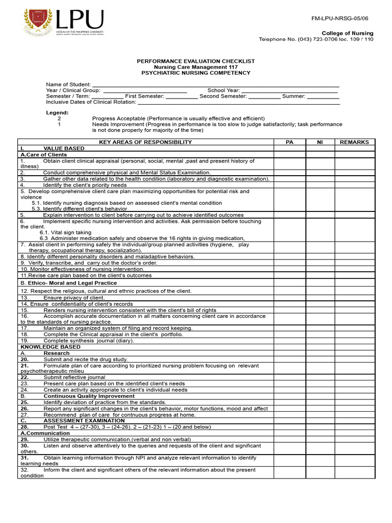 NCM 117 Psych Eval Tool19 | PDF | Mental Disorder | Nursing