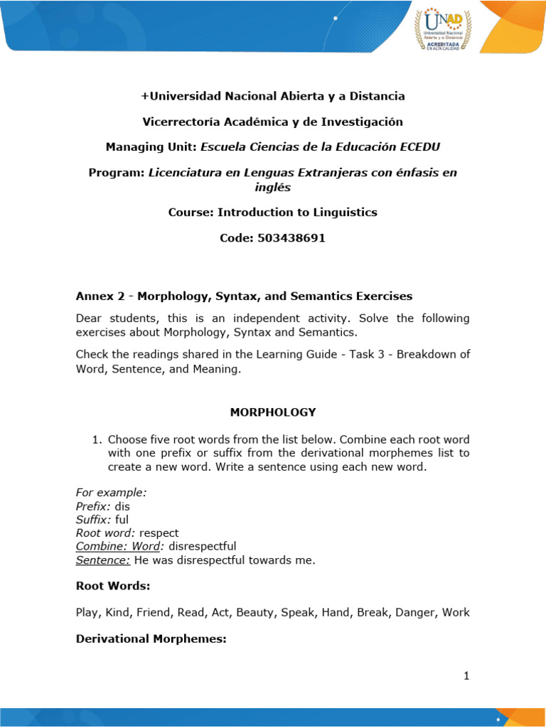 Morphology, Syntax, and Semantics Tasks | PDF | Word | Morphology ...