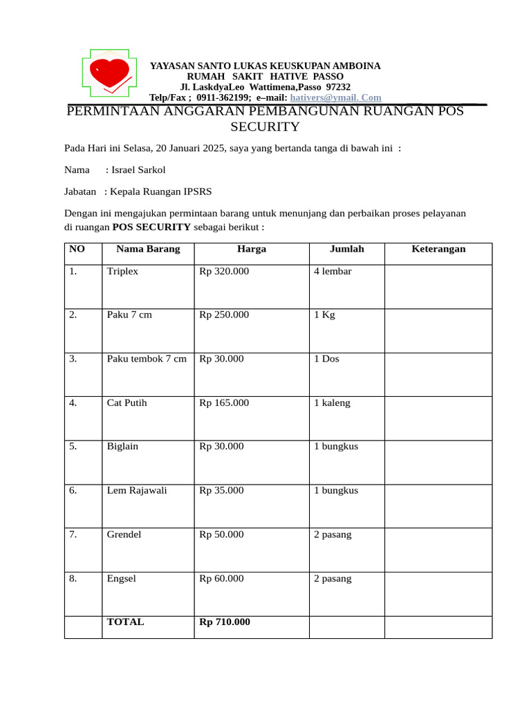 Permintaan Anggaran Ruangan POS Security | PDF