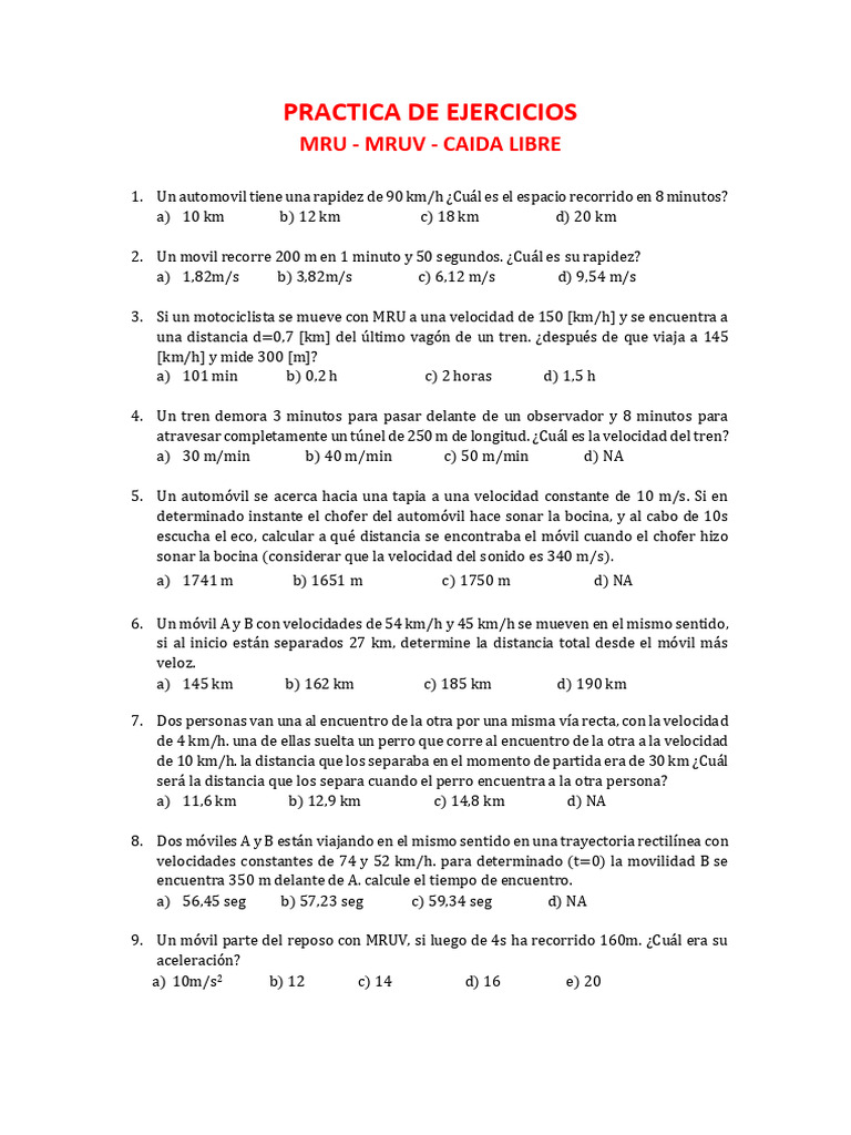 Ejercicios de MRU, MRUV y Caída Libre | PDF | Velocidad | Aceleración