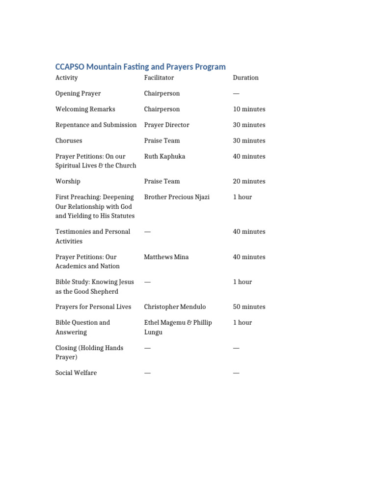 CCAPSO Mountain Fasting Program Agenda | PDF