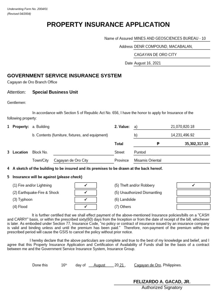 GSIS TEMPLATE Property (ALL) Insurance Application Form (TRAD) - With ...