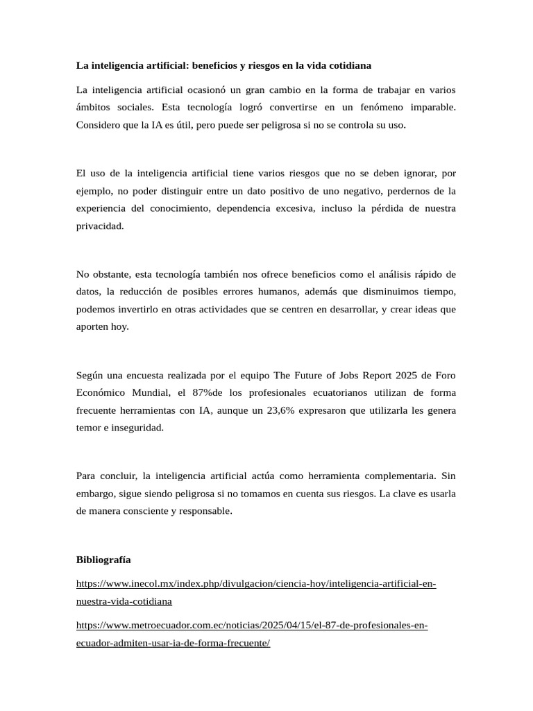 Beneficios y riesgos de la IA diaria | PDF