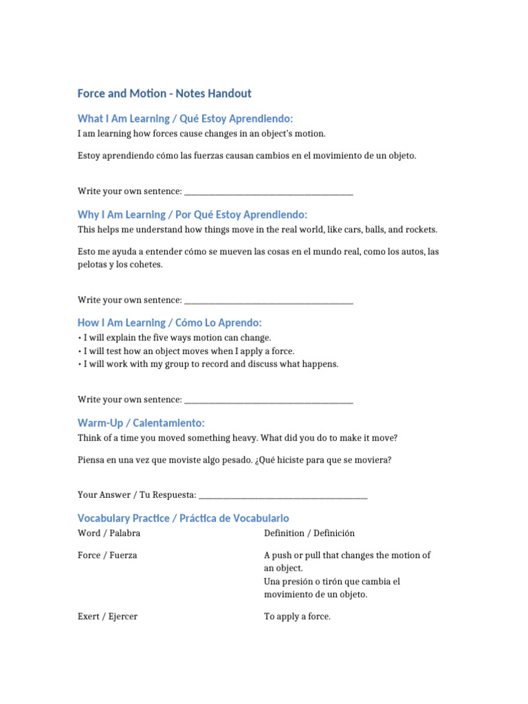 Force and Motion Notes Handout | PDF