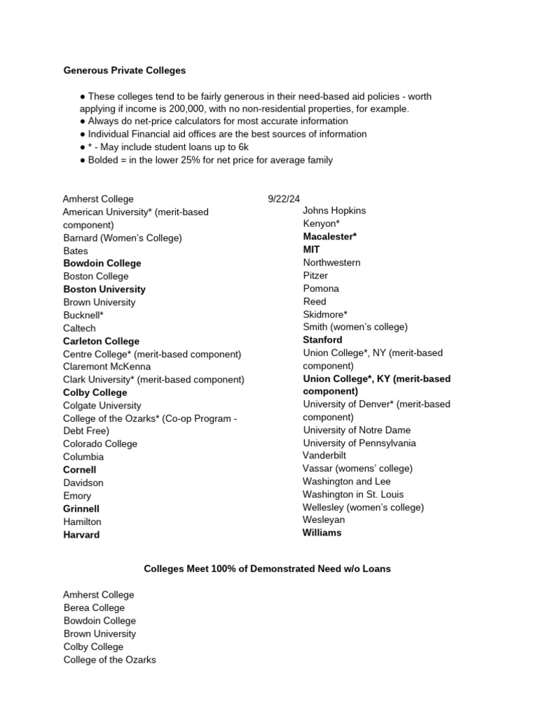 Generous Private Colleges Financial Aid Guide | PDF | Income | Money
