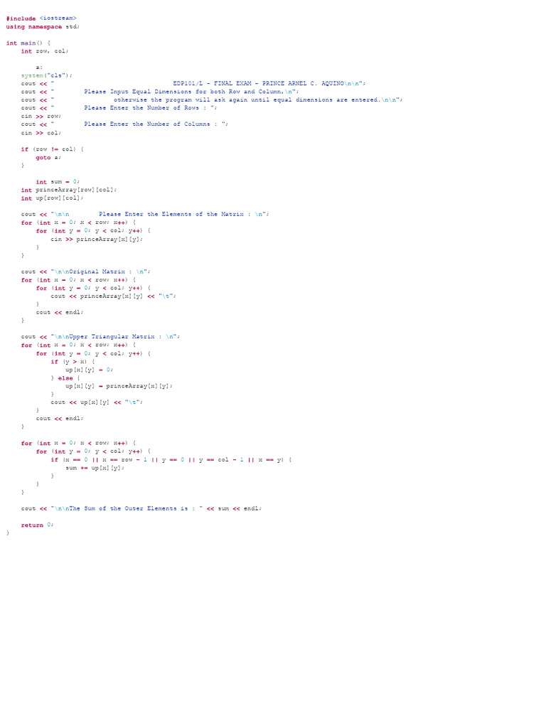 C++ Program for Upper Triangular Matrix | PDF