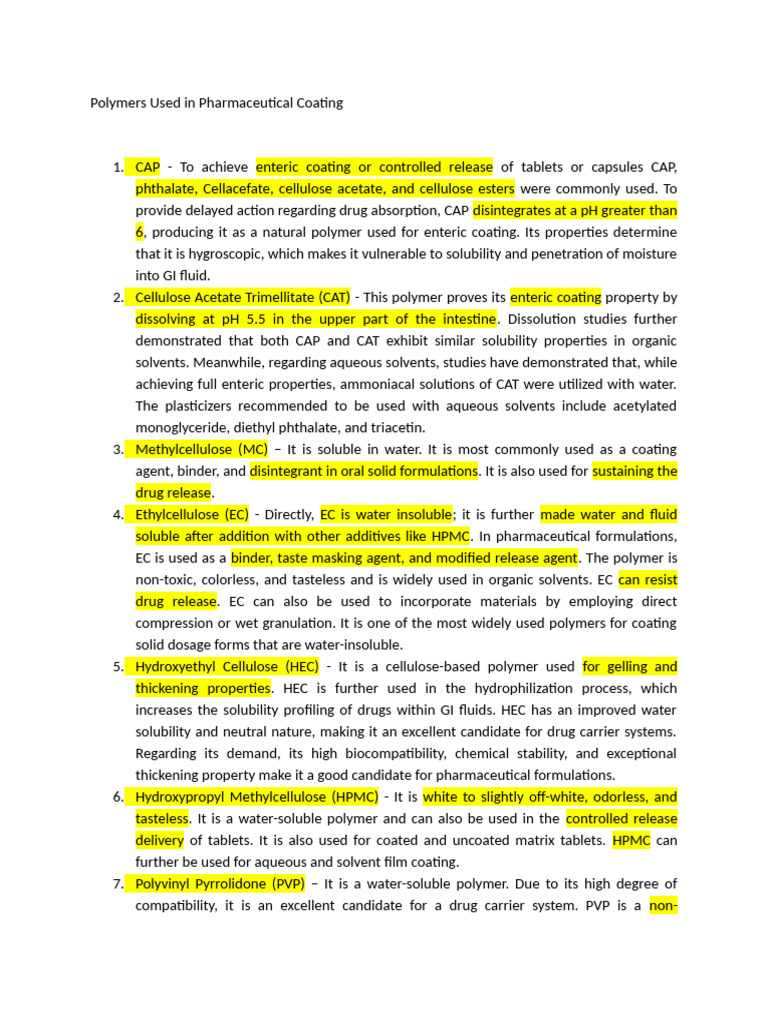 Polymers for Enteric Coating in Pharma | PDF | Pharmaceutical ...