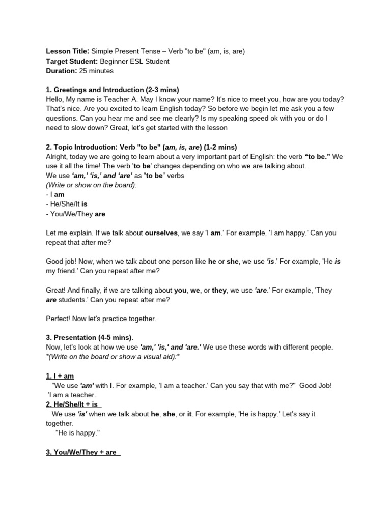 Simple Present Tense - Verb - To Be - (Am, Is, Are) LESSON PLAN | PDF ...