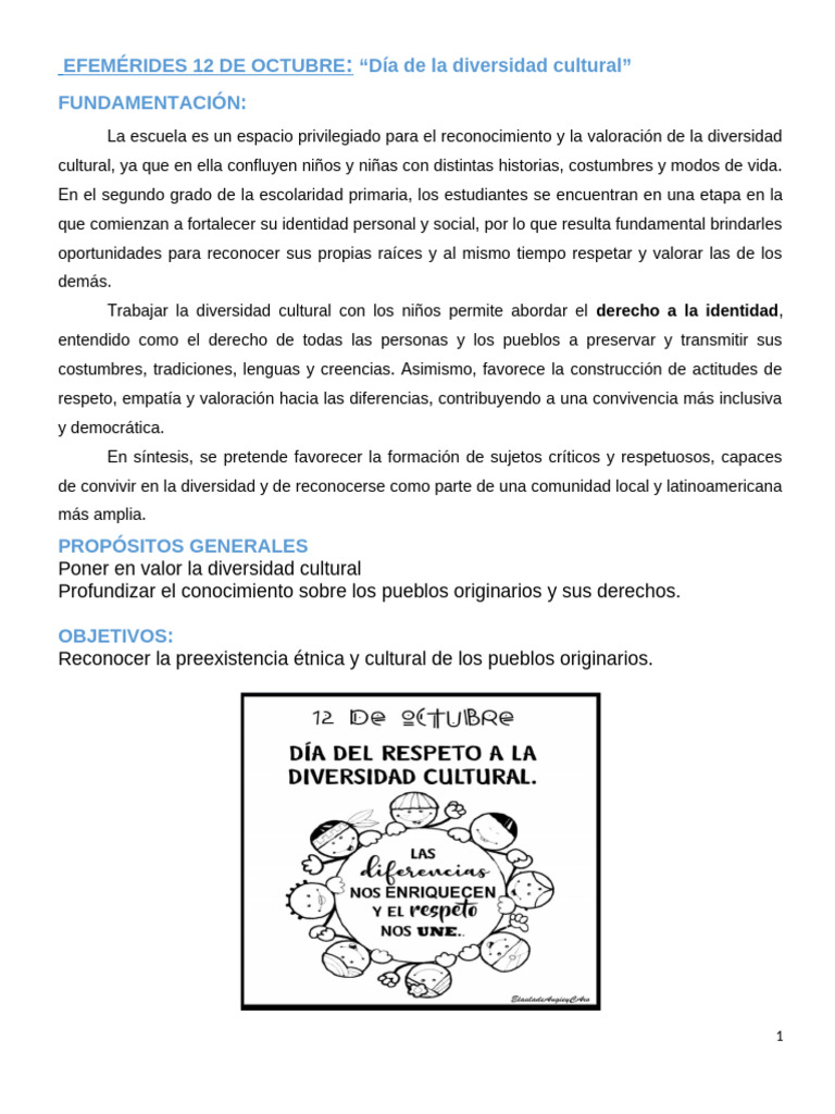 Día de la Diversidad Cultural: Actividades | PDF | Educación en artes ...