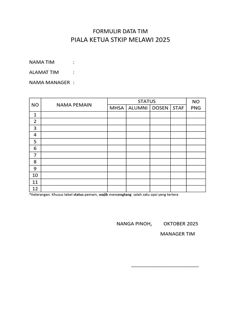 Formulir Data Tim Piala 2025 | PDF