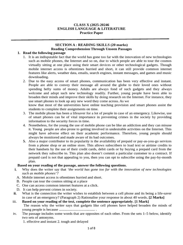 Class X English Practice Paper 2025-2026 | PDF | Prepaid Mobile Phone ...