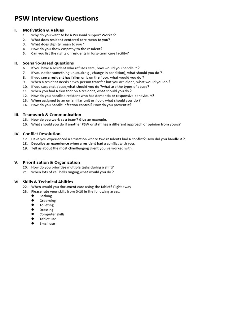 PSW Interview Questions & Answers Guide | PDF | Compassion | Nursing