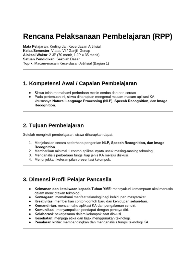 RPP Koding: Kecerdasan Artifisial SD | PDF