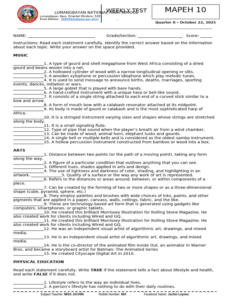 MAPEH 10 Weekly Test - Quarter II | PDF | Musical Instruments | Drawing