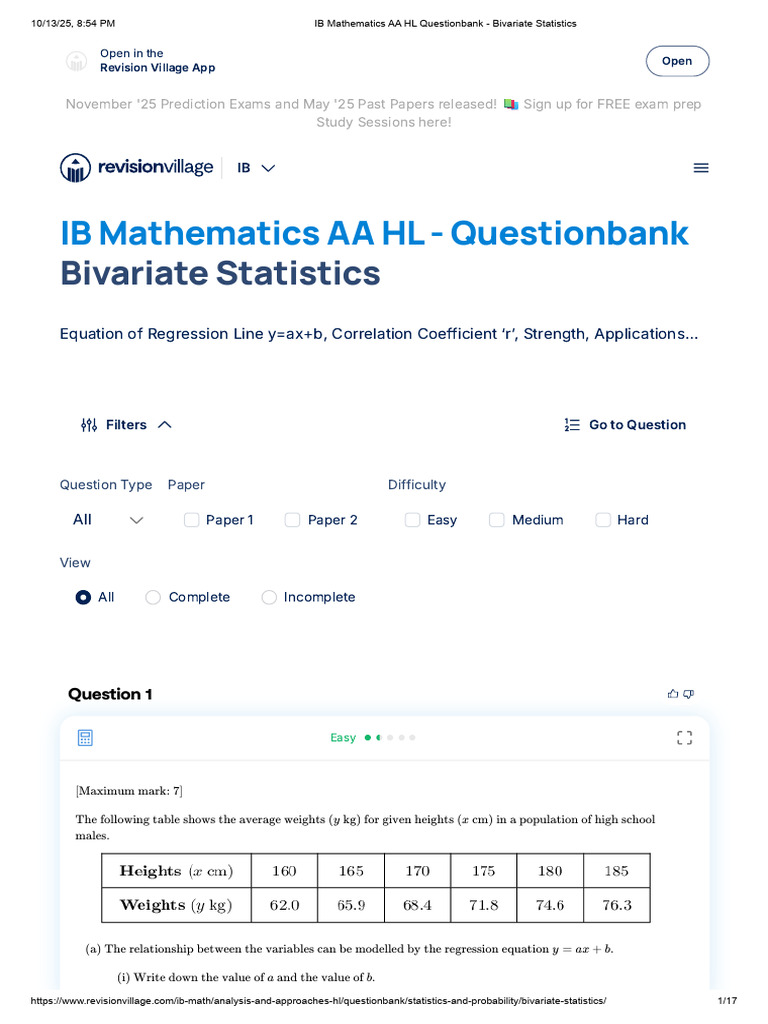 IB Mathematics AA HL Questionbank - Bivariate Statistics | PDF ...