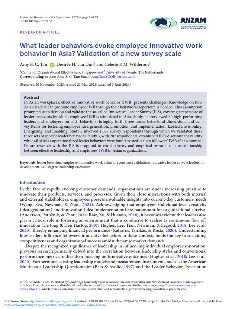 What Leader Behaviors Evoke Employee Innovative Work Behavior in Asia ...