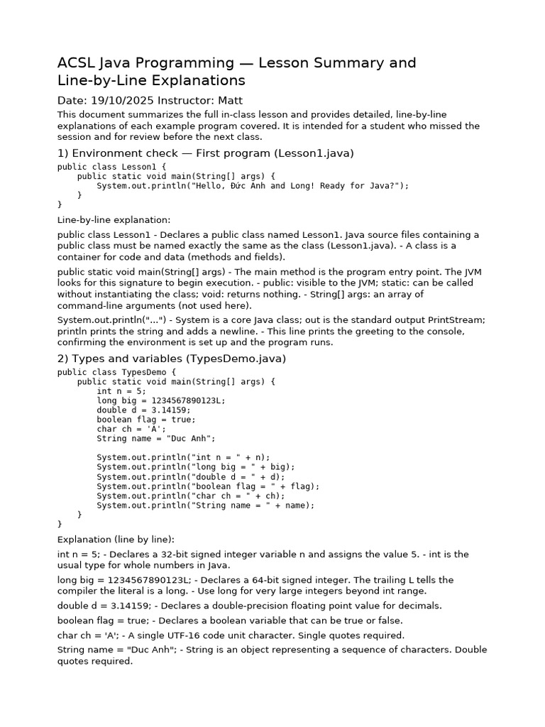 Java Programming Lesson Summary | PDF | Integer (Computer Science ...