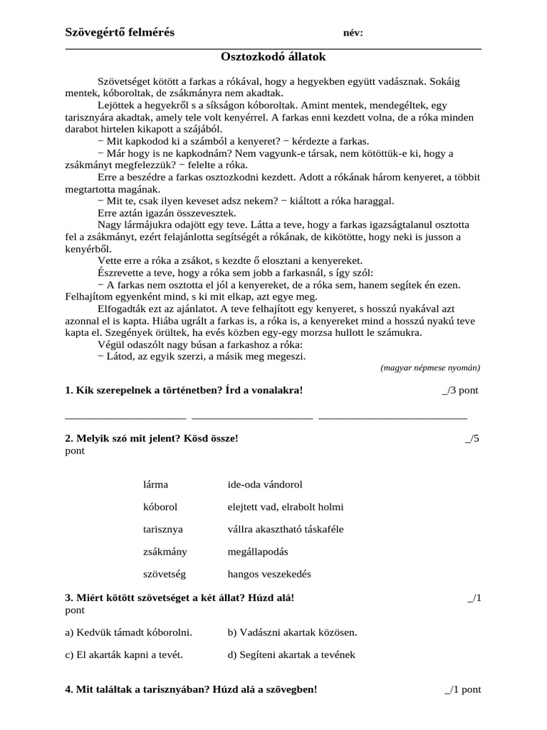 Év Eleji Szövegértés Felmérés B | PDF