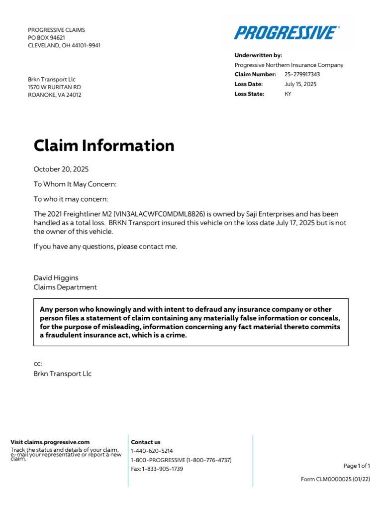 Progressive Claim Details for Vehicle | PDF