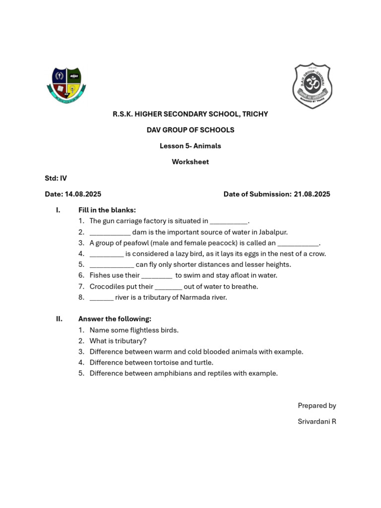 Animals Worksheet for Std IV Students | PDF