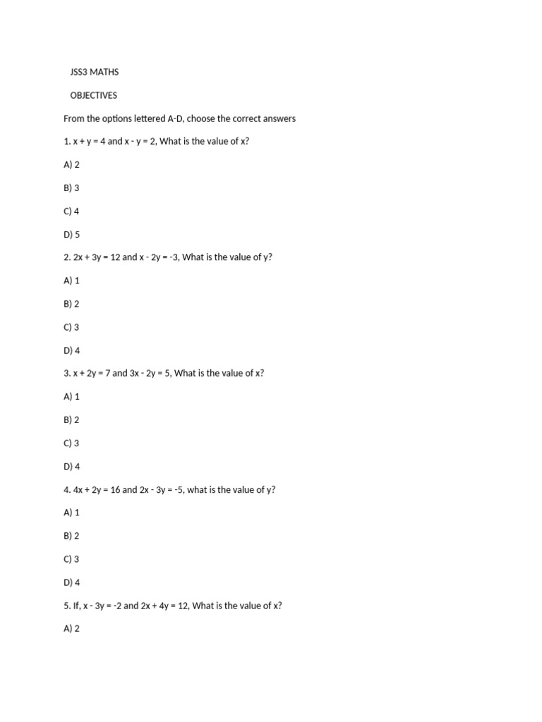 JSS3 Maths Problem Set and Solutions | PDF | Area | Angle