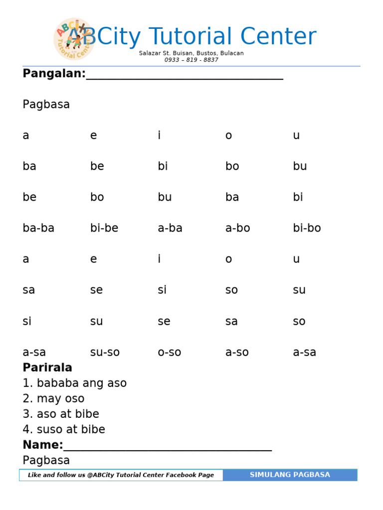 Pagbasa Sa Filipino (Simula) | PDF