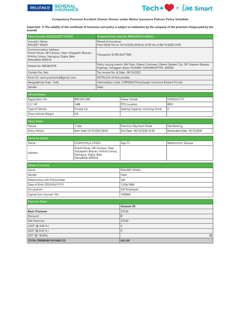 Owner Driver Personal Accident Policy | PDF | Insurance | Vehicle Insurance