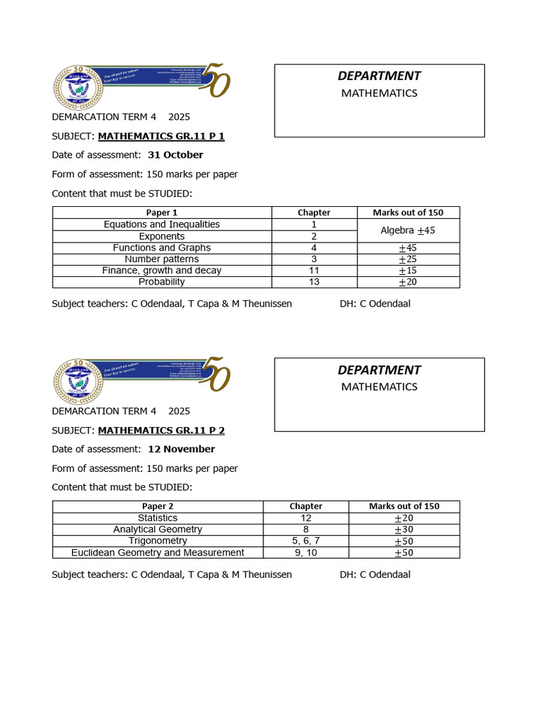 Demarcation Term 4 2025 GR11 Final Exams | PDF
